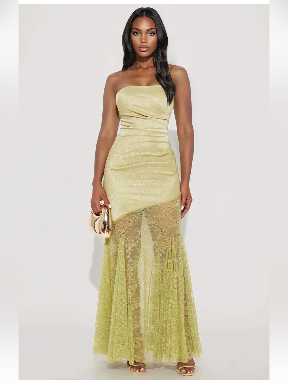 Strapless Lace Hem Maxi Dress in Light Lime